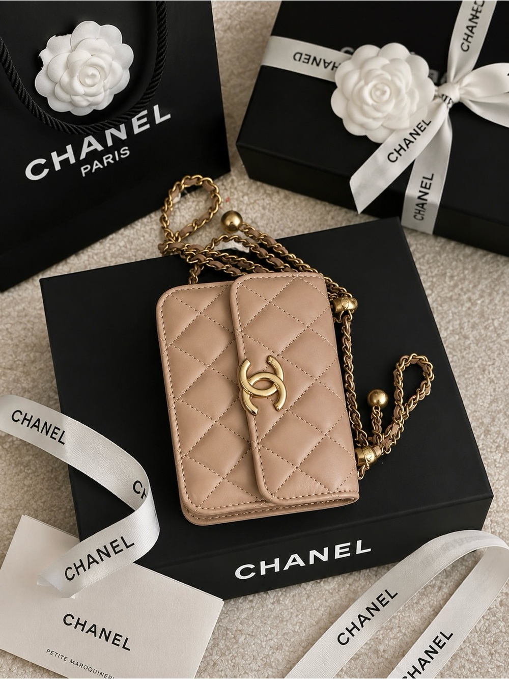 CHANEL Quilted Beige Mini Wallet-on-Chain with Gold CC Hardware